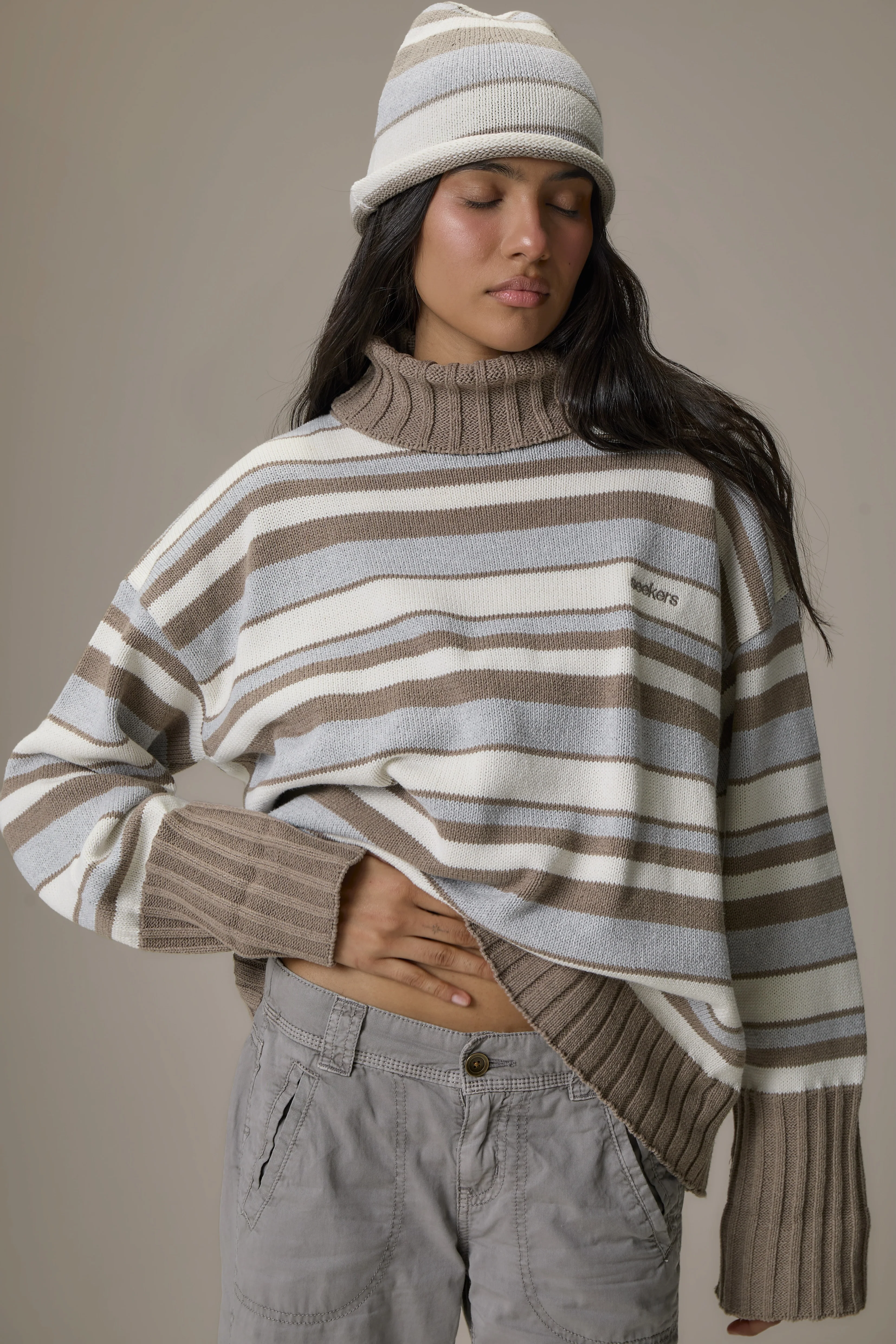 Bella Stripe Roll Neck in Grey - Image 4