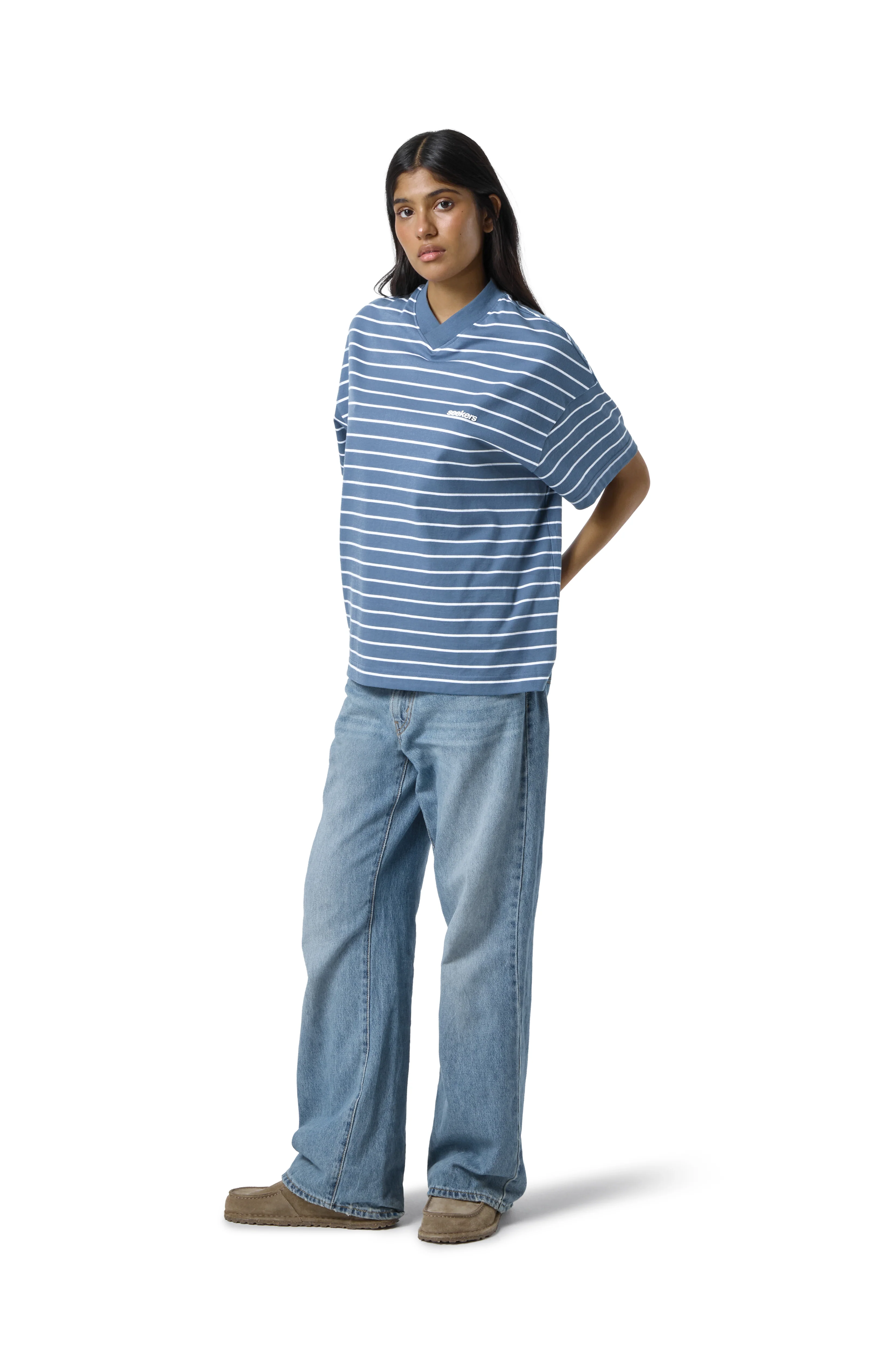 Devon Striped Oversized Tee in Blue Wash - Image 4