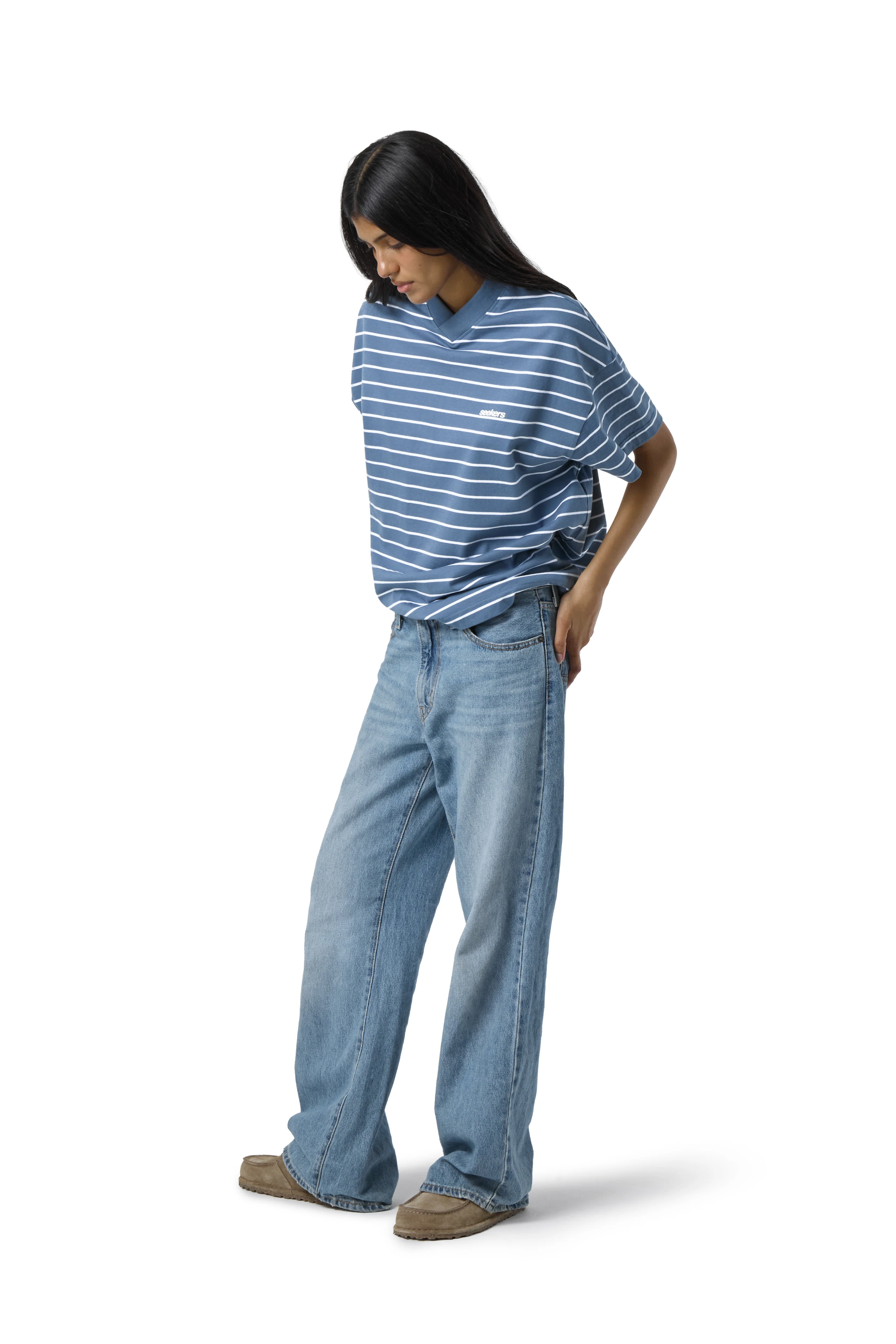 Devon Striped Oversized Tee in Blue Wash - Image 5