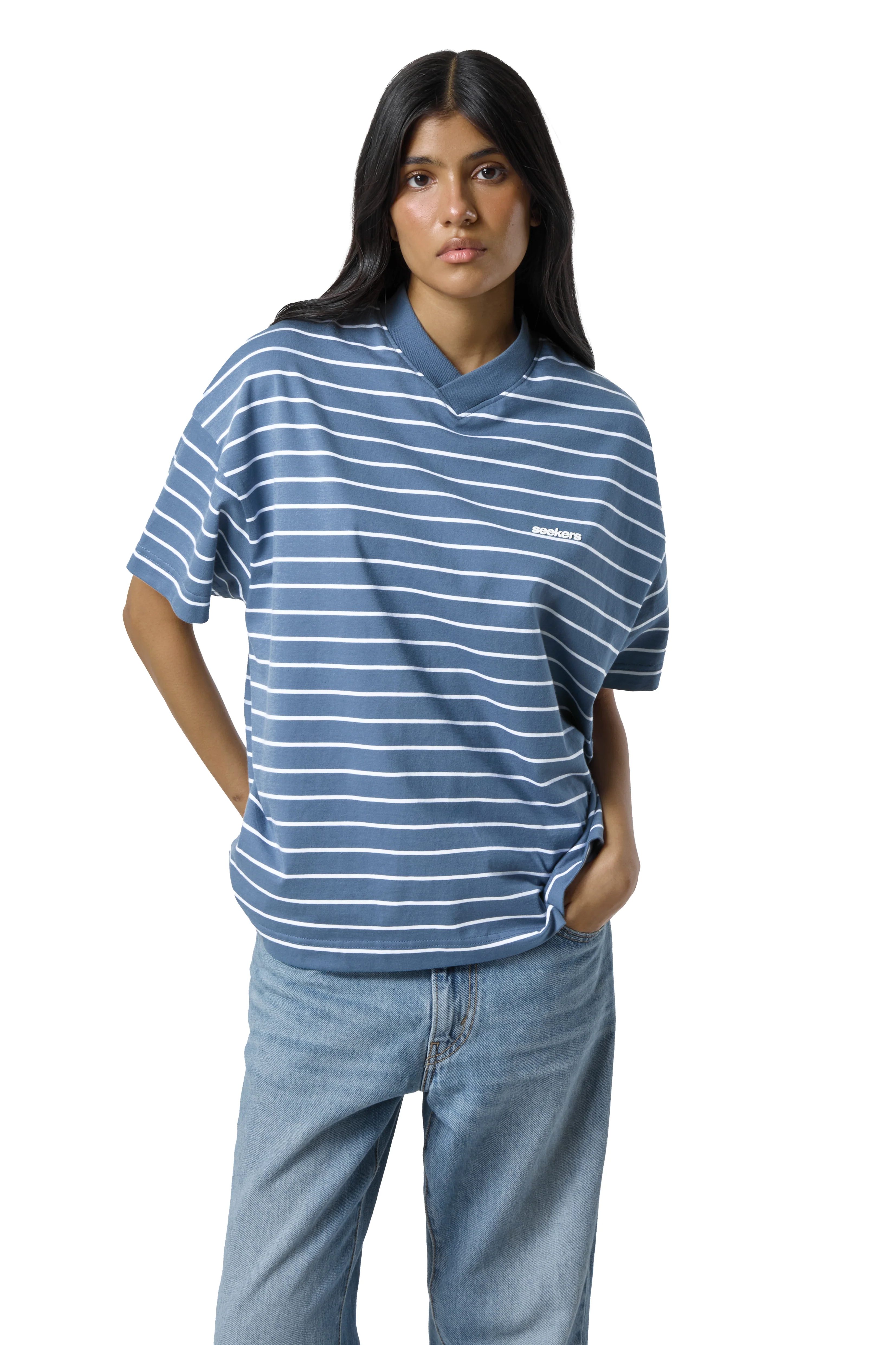 Devon Striped Oversized Tee in Blue Wash - Image 7