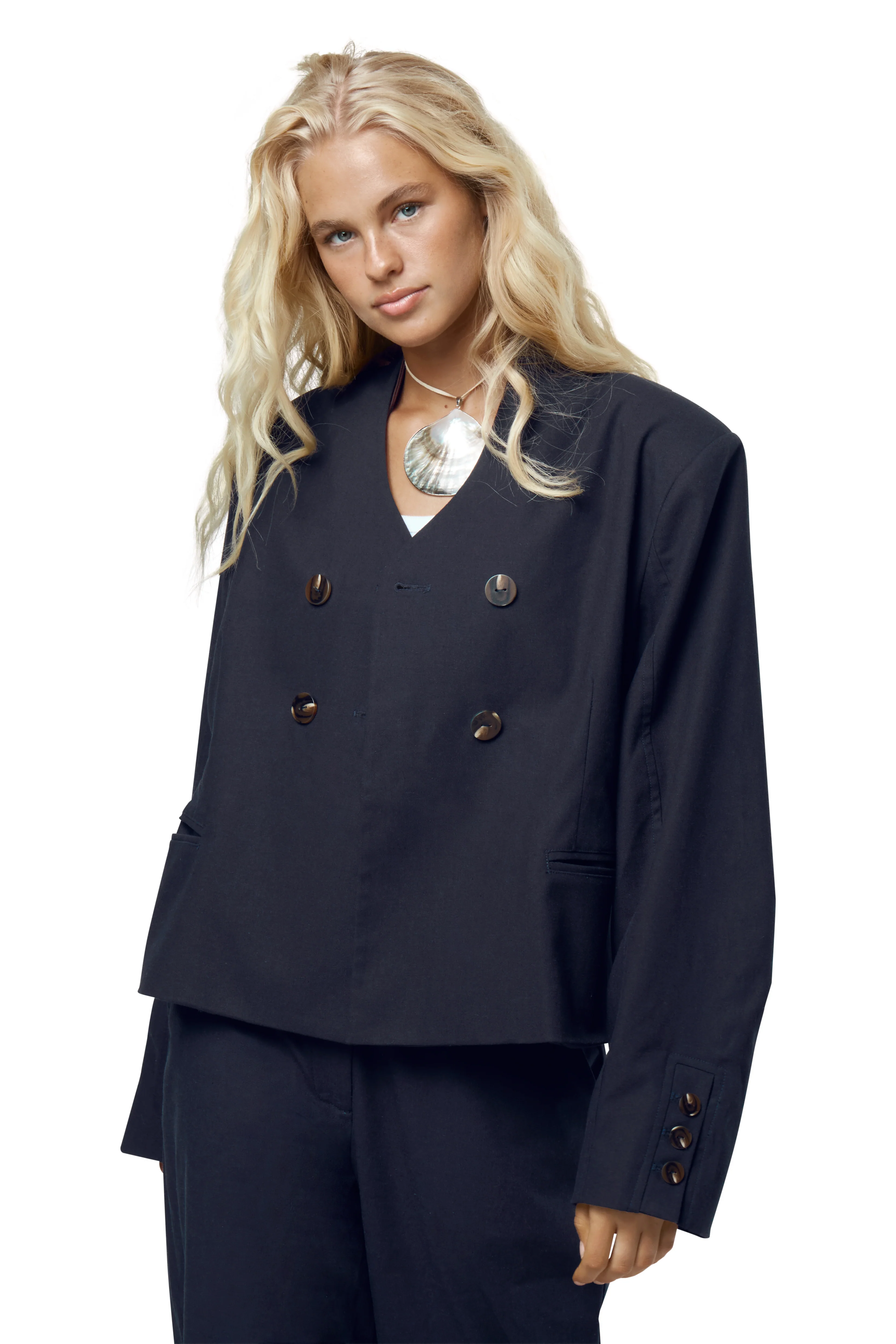 Emmie Double Breasted Linen Blazer in Navy - Image 6
