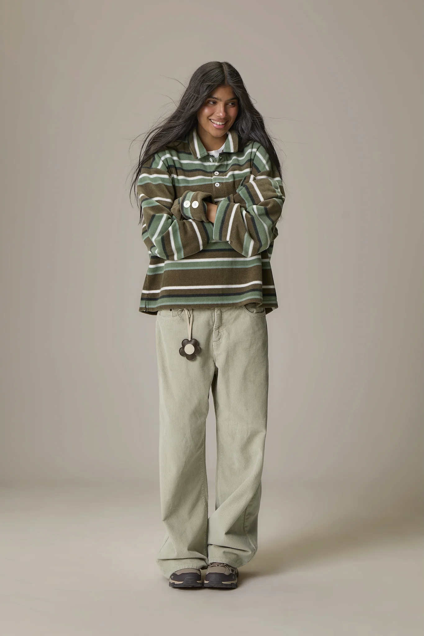 Folk Fleece Shirt in Khaki Stripe - Image 3