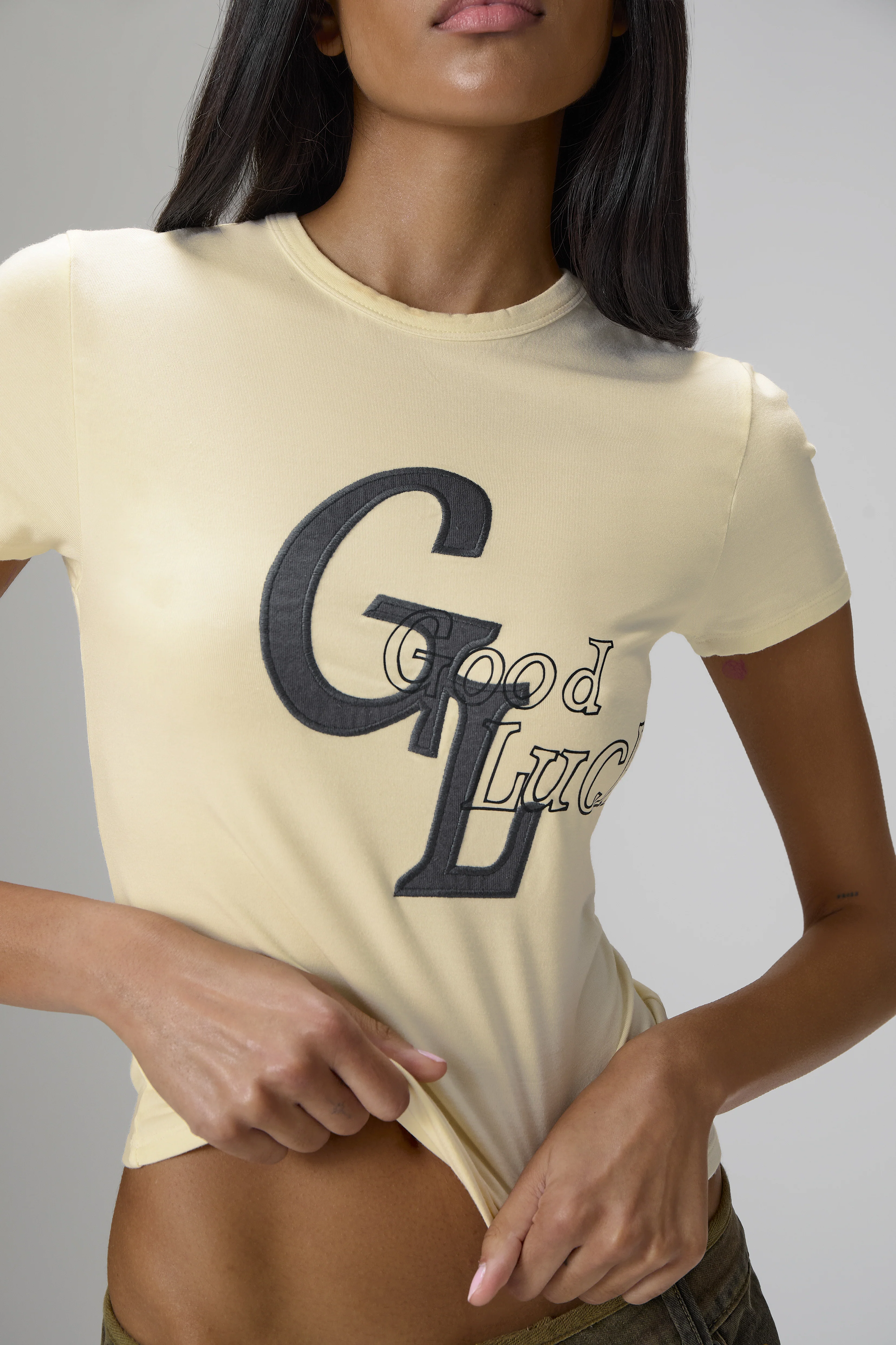 Good Luck Stretch Baby Tee in Yellow - Image 4