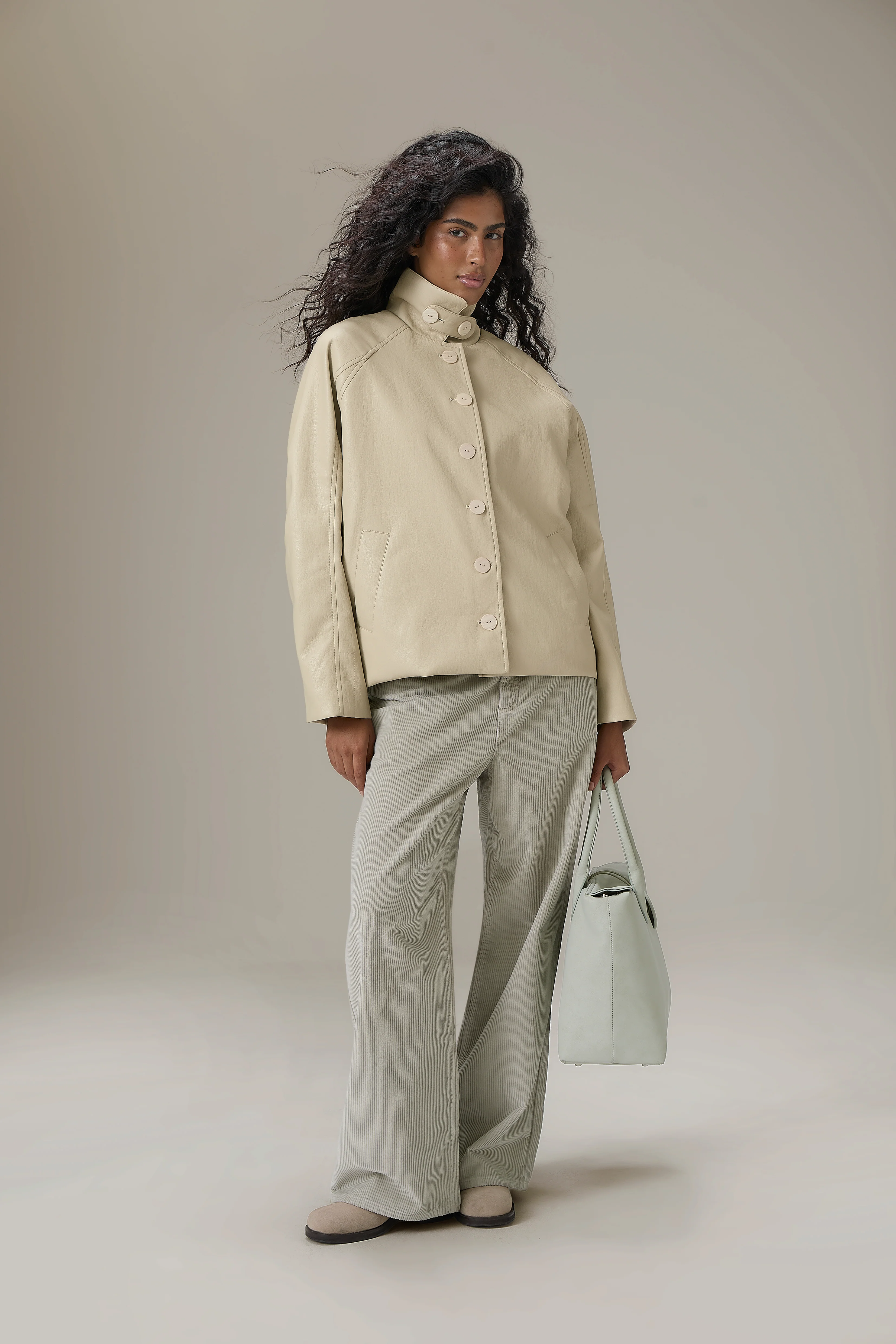 Hollies Classic Faux Leather Jacket in Sand - Image 7