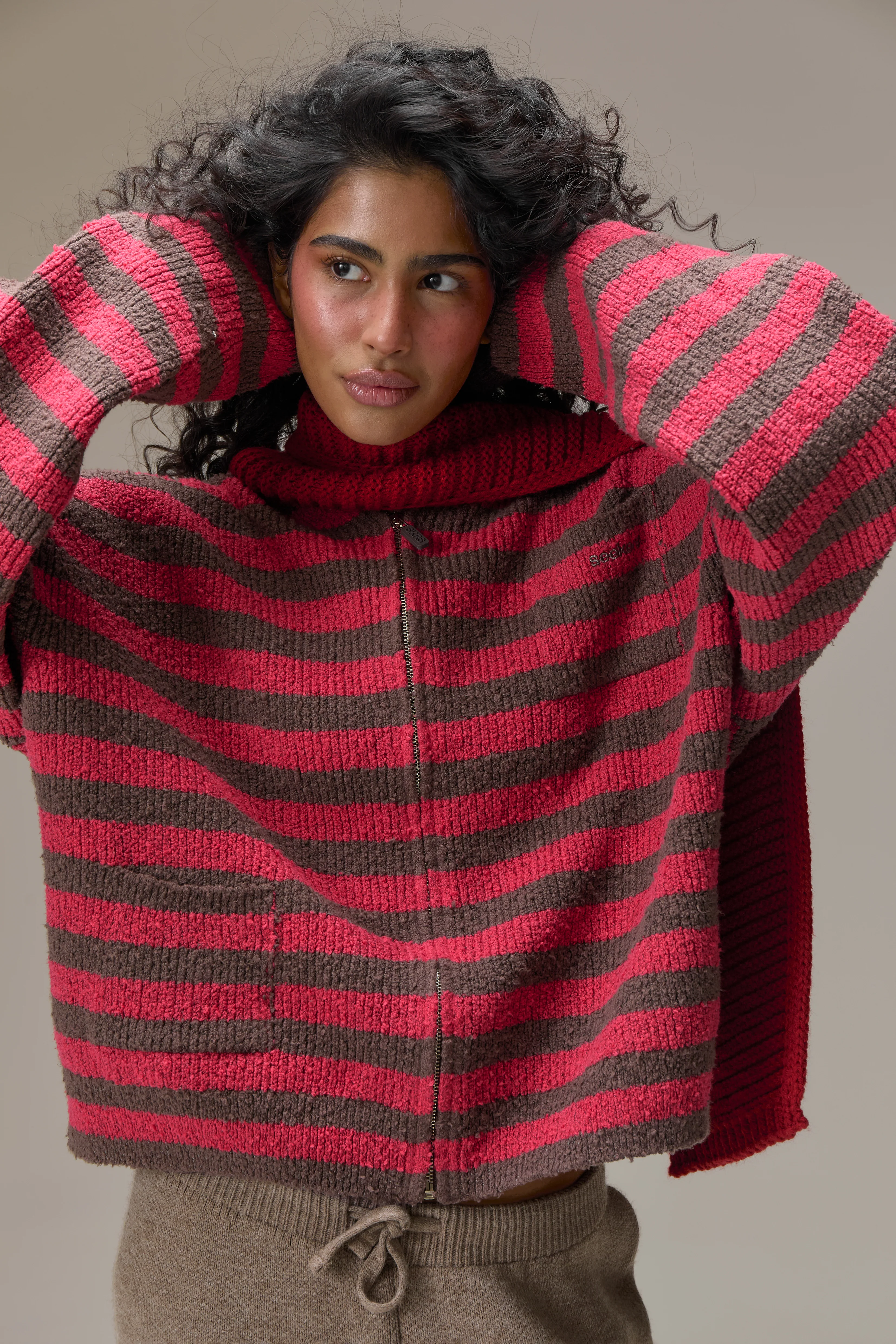 Jasper Knit Hoodie Zip Up in Red - Image 5