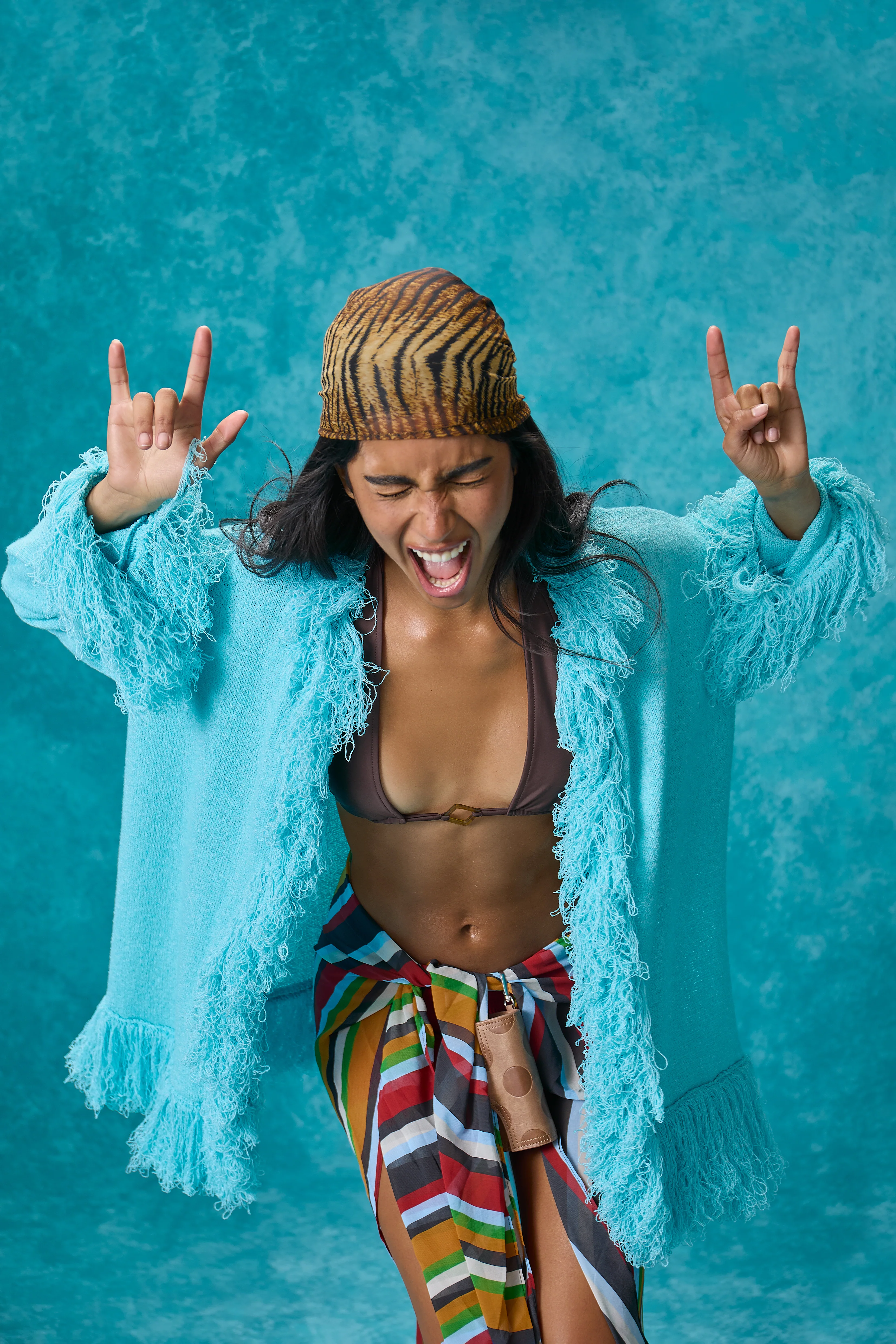 Santana Fringe Cardigan in Aqua - Image 4