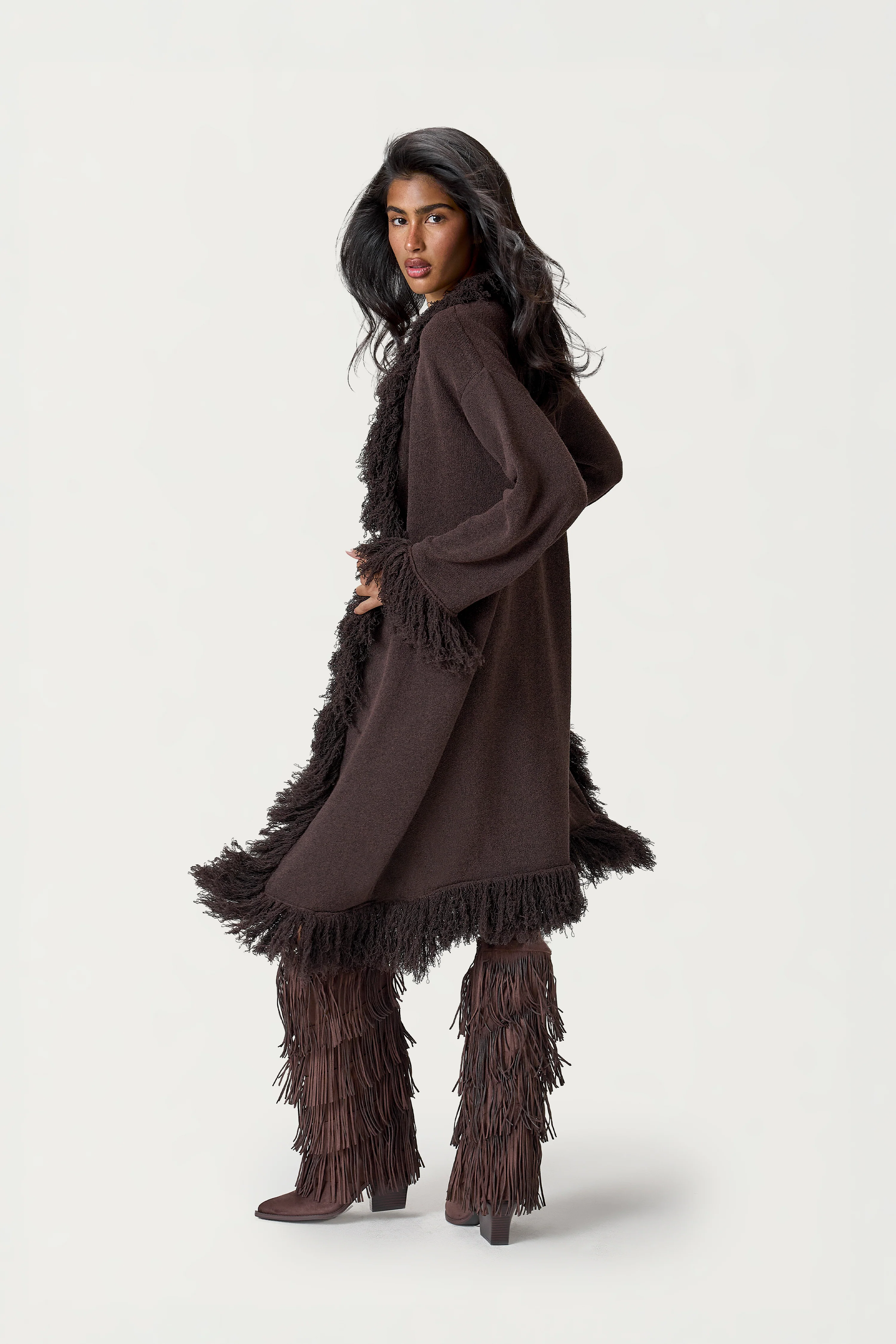 Santana Fringe Midi Cardigan in Brown - Image 3