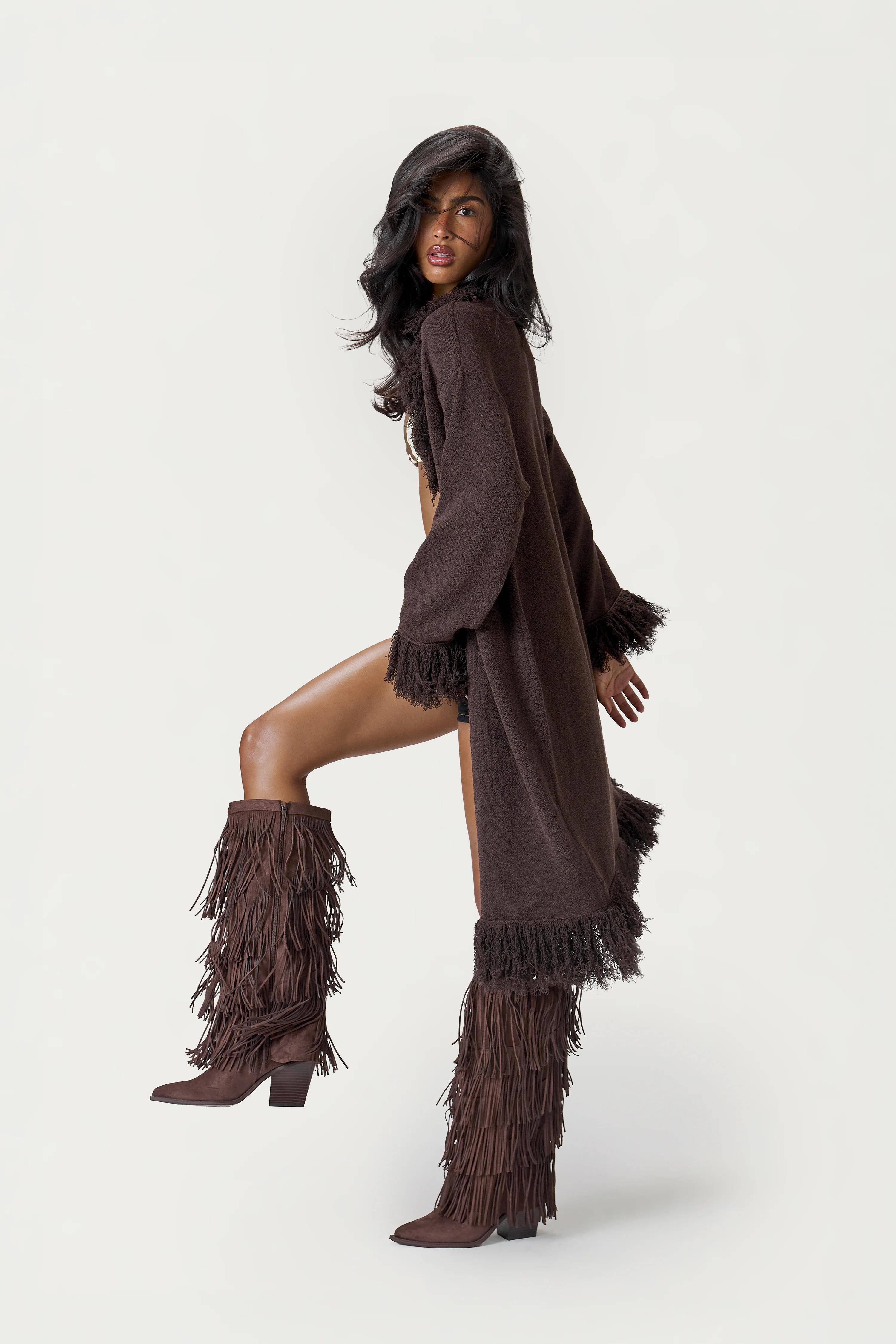 Santana Fringe Midi Cardigan in Brown - Image 4
