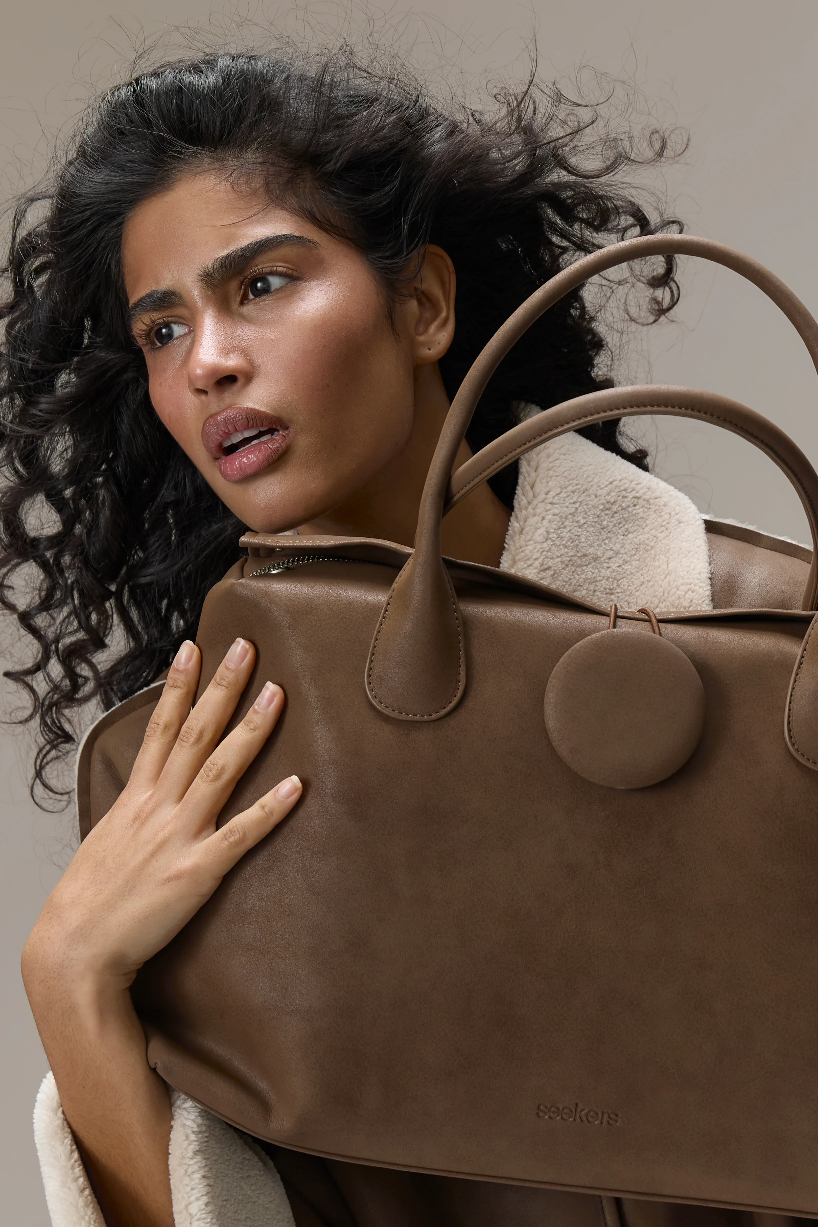 Tully Button Carryall Bag in Brown - Image 3